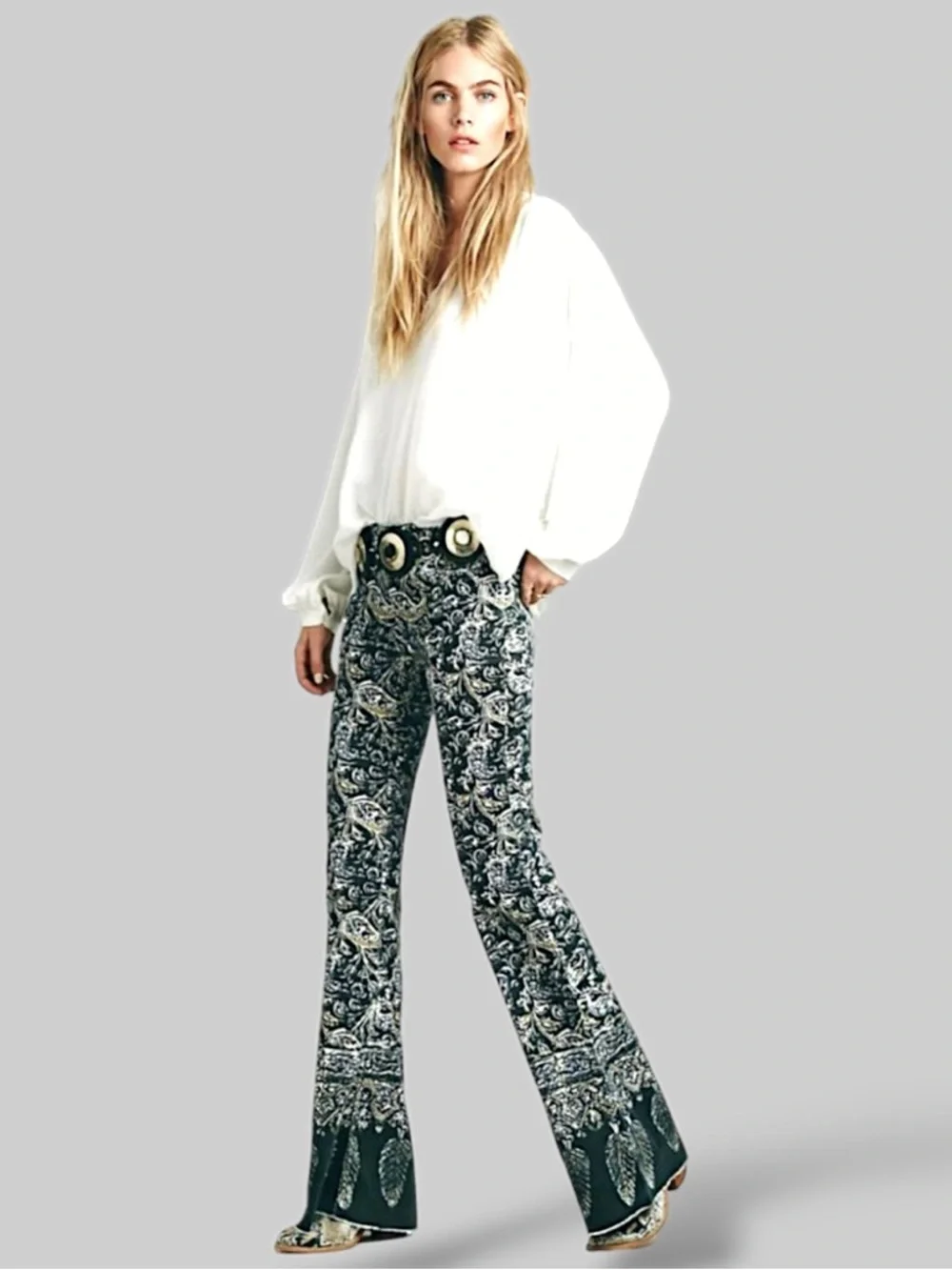 Free People Black Paisley Flare Pants with Border Print - Picture 2 of 6
